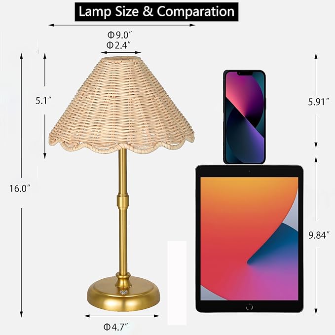 Cordless Boho Rattan Table lamp, 5200-mAh Rechargeable Battery, 3-level Brightness Dimmable, Build-in Integrated LED 320 Lumen Max, Rattan Shade, for Bedside Restaurant Resort Hotel Dining Table