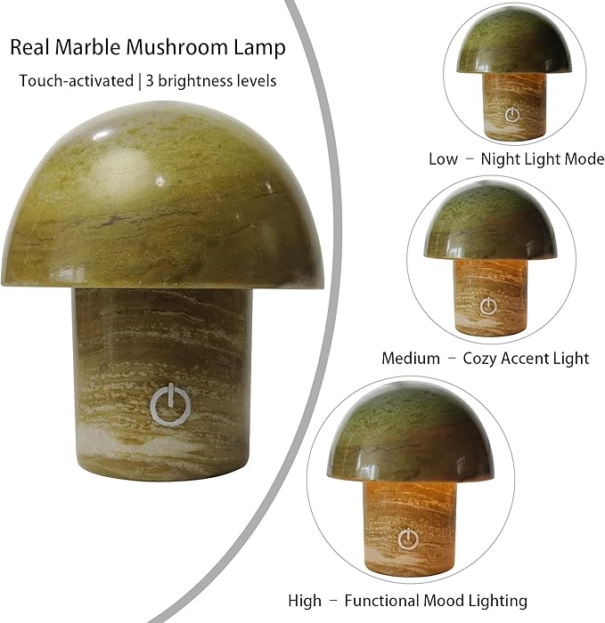 Natural Stone Mushroom Lamp - Jade Gemstone Night Light with LED, Touch Control 3 Brightness, USB Rechargeable Bedside Table Decor Gift