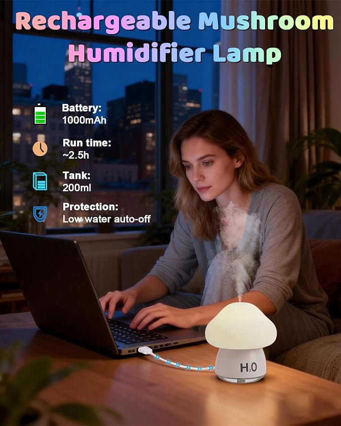 Mushroom Humidifier Lamp with 8 RGB Colors Lights,Cute Rechargeable Portable Humidifiers for Bedroom,Small Mushroom Diffuser with Two Spray Modes,Touch Night Light,Valentine's Day Gifts