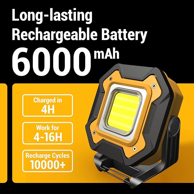2 Pack Rechargeable LED Work Light, 6000mAh 16 Hours Long-Lasting Cordless Magnetic Light, IPX5 Waterproof, 360°Rotate Portable Flashlights, Battery Lamp for Car Repair&Camping, Gifts for Men