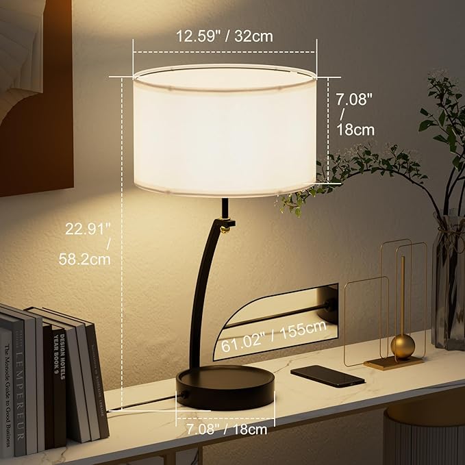 Bedside Table Lamp - 3-Way Dimmable Touch Lamps for Bedroom, Black Nightstand Lamp with USB C+A Charging Ports, Simple Modern Side Lamps for Living Room, Entryway, Hallway, Bulb Included