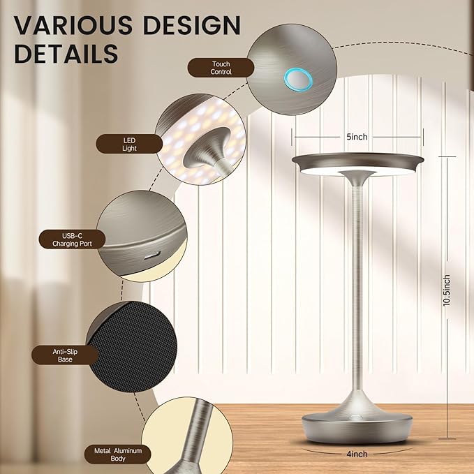 Cordless Table Lamp Rechargeable-LED Battery Operated Lamps, Portable 3 Color Touch Dimming Waterproof Light for Patio/Restaurant/Dining/Outdoor (Chrome2)