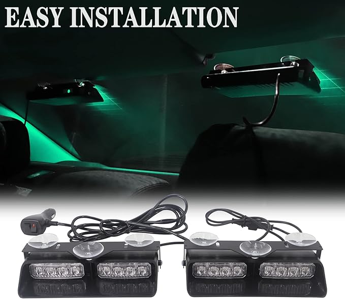 XRIDONSEN 2 in 1 Green Emergency Lights Dash Strobe Lights Interior Windshield Warning Safety Flashing Law Enforcement w/Suction Cups for Volunteer Police Vehicles, Trucks (2×7.16 inch, 16 LED)