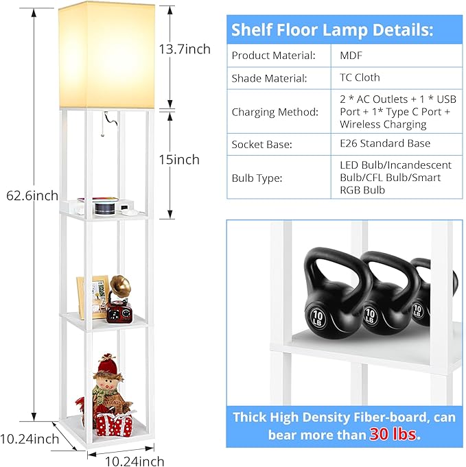 Mlambert Modern Shelf Floor Lamp with Wireless Charger & Fast Charging USB Ports & Type C Port & 2 Power Outlets,3 Tier Storage Lamp for Bedroom,White