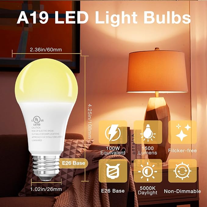 dalattin 4 Pack LED Bulbs Soft Warm 2700K, 100 Watt Equivalent A19 Standard Bulbs, E26 Base, 1500 LM, Efficient 15W Energy Saving, Non-Dimmable, 80+ CRI, 120V, UL Listed, for Living Room, Office