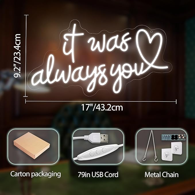 It Was Always You Neon Sign – Romantic LED Wall Light for Bedroom, Wedding, Proposal, Birthday Party, Anniversary or Bar Decor, 17″ × 9.2″ USB Powered Neon Light