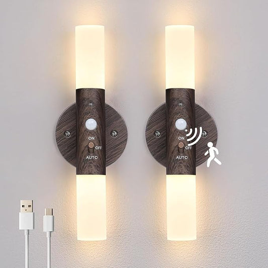 LED Motion Sensor Lights Battery Operated Wall Sconces Set of 2 Rechargeable Wireless Picture Art Light Magnetic 360° Rotation Corner Lamps for Gallery Stairway Vanity Living Room Bedroom