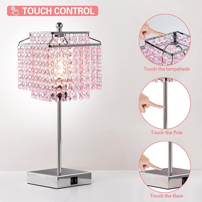 Luvkczc Set of 2 Bedside Pink Crystal Table Lamp, Touch Control Crystal Lamp, Dimmable Lamp for Bedroom, Girl Living Room, 6W B11 Bulb Included