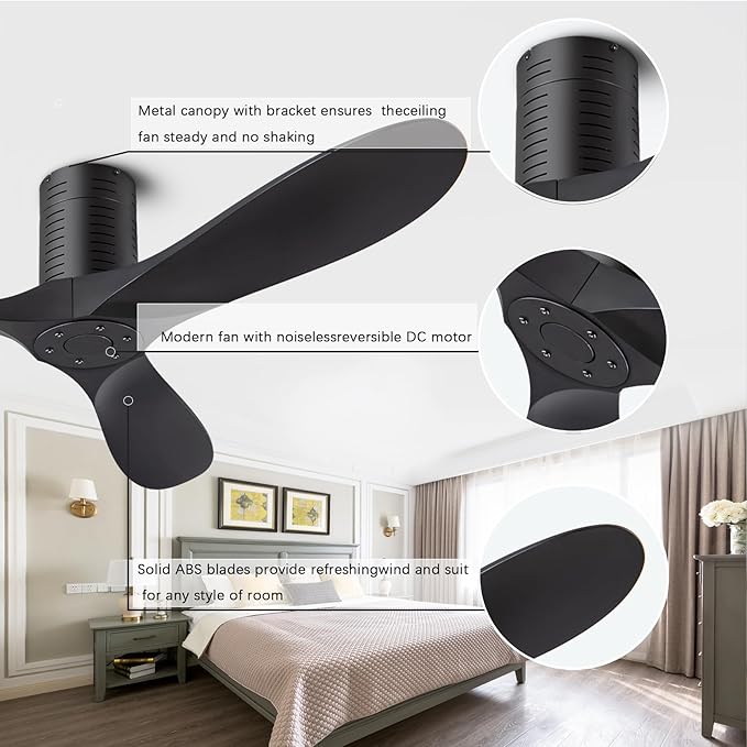 52” Flush Mount Ceiling Fans No Lights and Remote/APP Control, 6 Speed DC Motor, Low Profile Ceiling Fan Without Light for Bedroom, Hallway,Indoor/Outdoor(Matte Black)