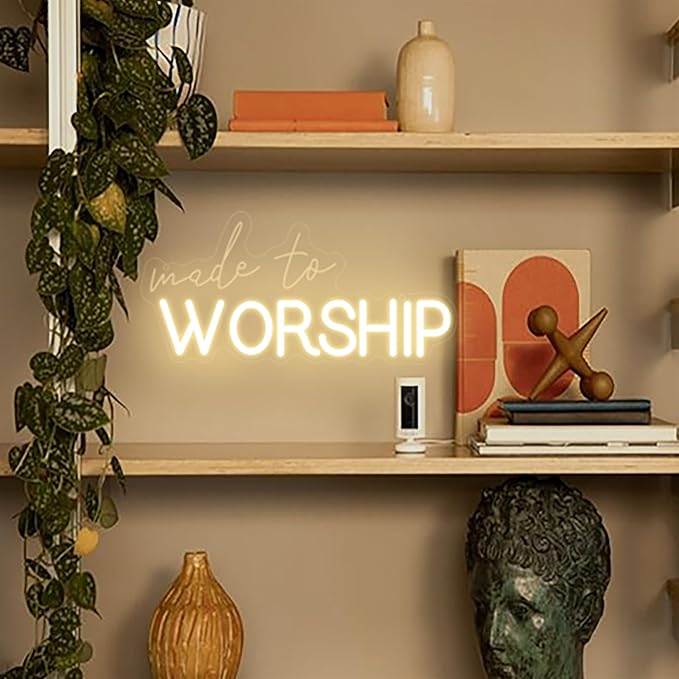 Made to Worship Neon Sign – Warm White Dimmable LED Wall Sign with 3D Engraved Letters and Light Strip, Christian Home Decor for Prayer Room, Church, or Bedroom 15″ × 7.25″