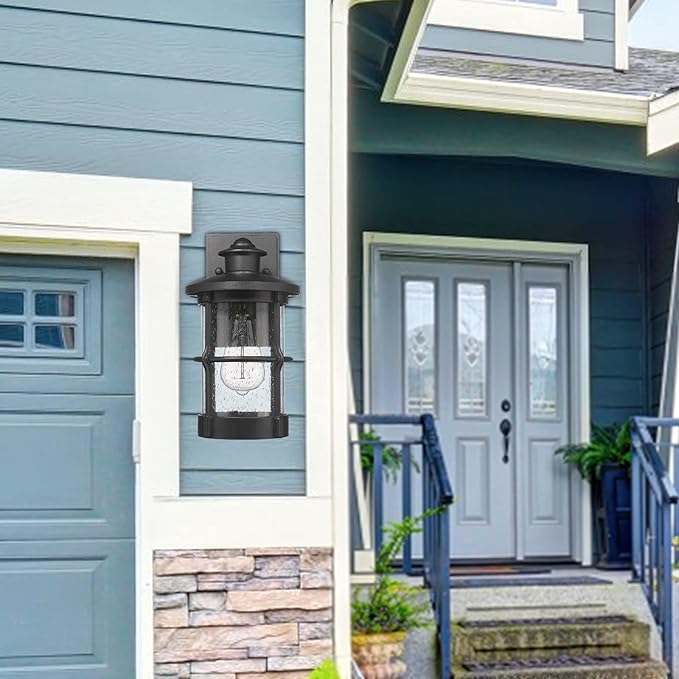 Outdoor Wall Sconces, Dusk to Dawn Outdoor Wall Lights, Exterior Wall Mount Lighting, Wall Light Fixture in Black Finish with Seeded Glass, 2 Pack, DDLTM-W-2Pack
