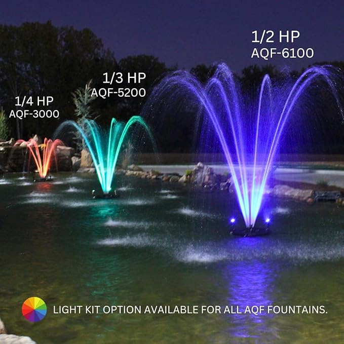 HALF OFF PONDS Floating Fountain, 1/4 HP Pond Aerator, 100 ft Cord, 3,000 GPH Water Pump, 9 Spray Patterns, Color-Changing LED Lights & Control Box, For Ponds & Water Gardens