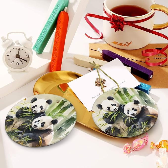 Watercolor Panda Bamboo Christmas Ornaments, Christmas Decorations Xmas Tree Hanging Ornaments, Round Ceramic Festive Keepsake Gift for Christmas Decorations Holiday Home Party Decors