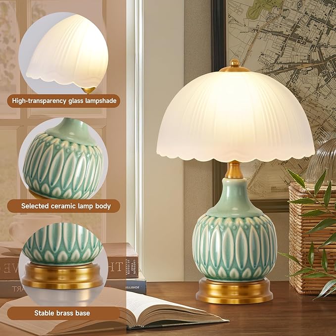 Table Lamps Ceramic Retro Lamp for Living Room,16" Modern Bedside Nightstand Traditional Lamps, Classic Chinoiserie Green Glass Lamp for Home (Retro)