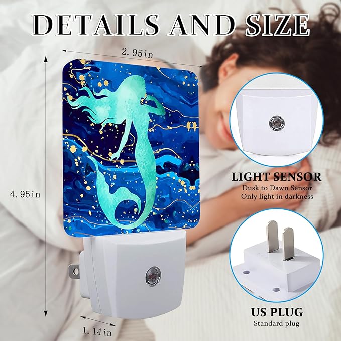 Summer Mermaid Fish Night Light, Plug-into Wall Blue Sea Marble Nightlight Lamp with Dusk to Dawn Sensor, Led Lamp 0.5W Energy Efficient for Boys Girls Adults Home Decor