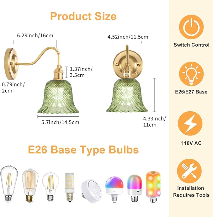Battery Operated Wall Sconce Set of 2, Vintage Rechargeable Wall Lights with Green Diamond Flower Glass Shade, Wireless Indoor Wall Lamp with Remote for Bedroom Living Room Bathroom