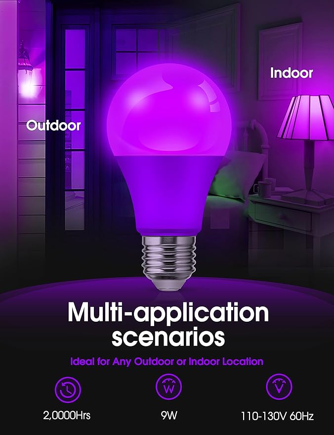 L LOHAS LED Halloween Purple LED Light Bulbs Outdoor, A19 9W(60W Equivalent) Purple Colored Light Bulb, E26 Base, Non-Dim, 2-Pack