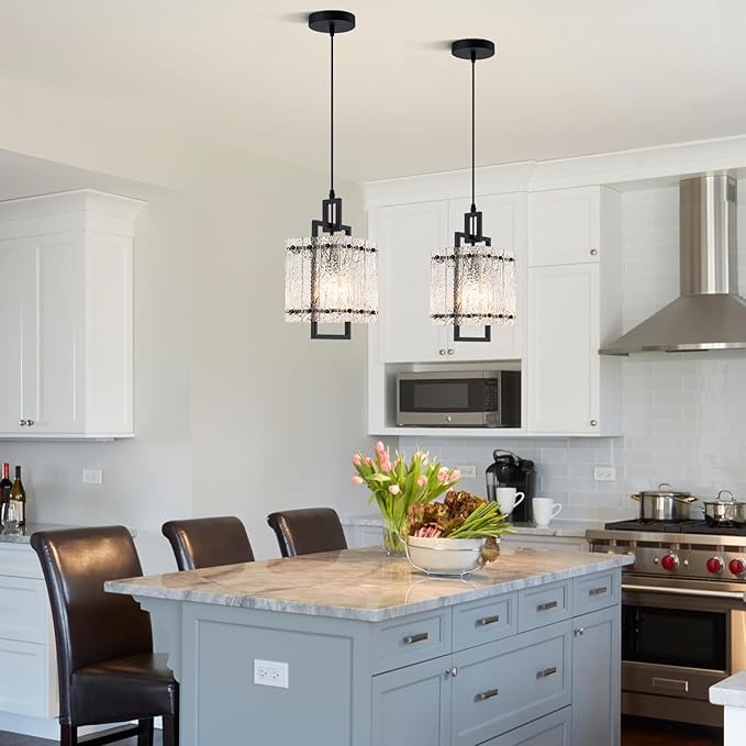 Pendant Lights Kitchen Island,Black Pendant Light Fixtures with Water Ripple Glass, Modern Pendant Lighting for Dining Room