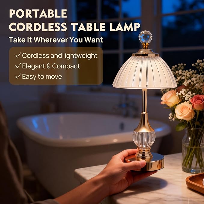Vintage Gold Crystal Rechargeable Lamp Cordless, LED Touch Battery Operated Table Lamp, 3 Colors Dimmable Portable, Modern Home Decor, Bedroom, Bedside, Living Room, Kitchen, Pumpkin