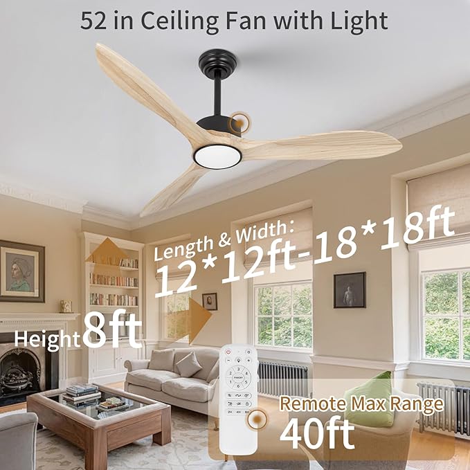Wood Ceiling Fan with Lights,52Inch Ceiling Fans with Remote Control,Dimmable Light,3 CCT,6 Speeds,Noiseless DC Motor,2 downrod,Ceiling Fan for Bedroom,Living Room,Office,Indoor