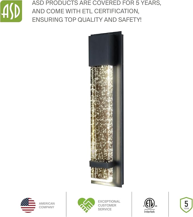 ASD LED 18 Inch Bubble Glass Wall Light Fixture | 12W 500LM 3000K-5000K 120V | 3CCT, Waterproof, Dimmable, ETL Listed | Exterior Flush Mount Sconce, Outdoor-Indoor Lighting | Black, 2 Pack