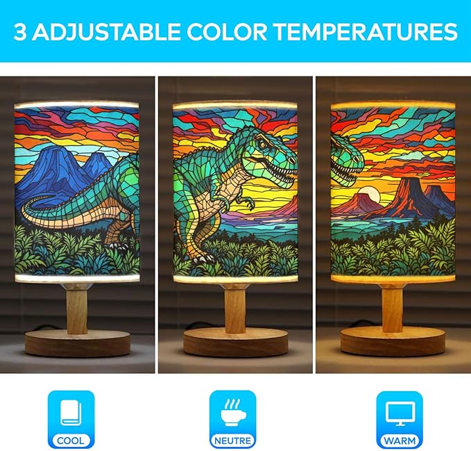 Dinosaur Table Lamp LED 3-Color Pressed Bedside, Dinosaur Shade Lamp with Wood Base for Bedroom Living Room Desk Office TL01