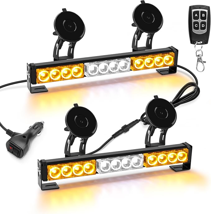 Amber and White Traffic Advisor Strobe Lights Bar For Vehicles Trucks Wireless Remote Control 23 Flash Patterns 2pcs 12.8 inch LEDs Flashing Warning Lights