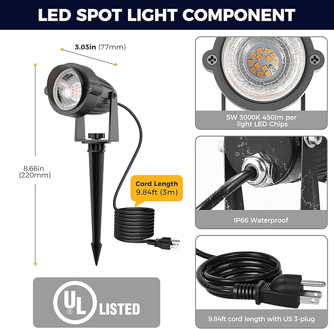 L LOHAS LED Outdoor Landscape Lighting, Auto On/Off 3000K Low Voltage Landscape Lighting, IP66 Waterproof Spot Lights for Yard, Outside, Garden, House, Pathway, Plant, Holiday Decor (6 Pack)