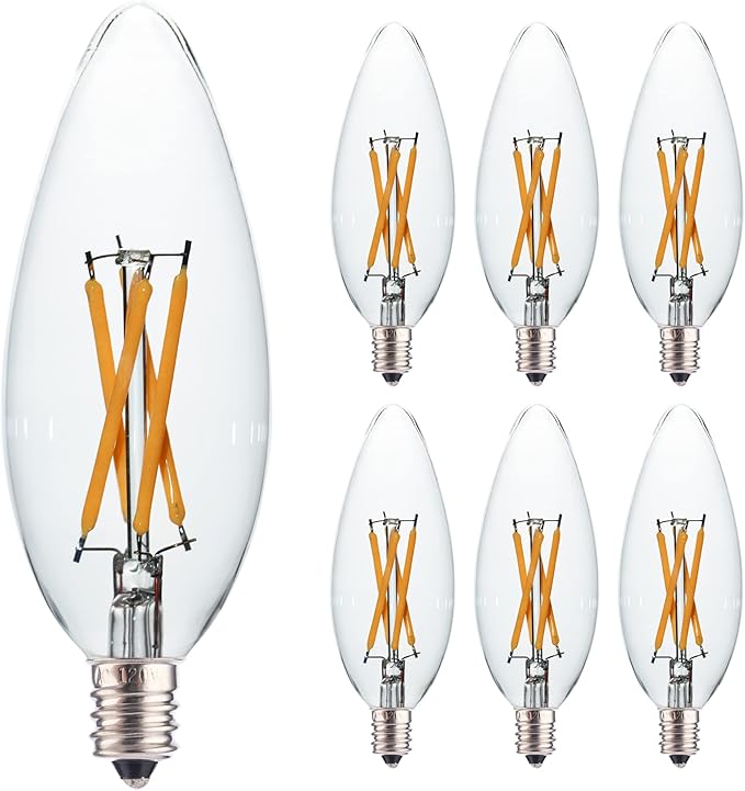 6 PCS C32 B10 B11 Candle Filament LED Bulb, Warm White Light, 4W Equals 15W 25W-40W, E12 Candelabra Base Edison Bulb, Clear Glass Light Bulb for Pendant Chandelier Ceiling Fan