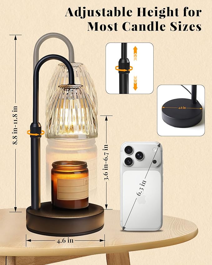 Dimmable Candle Warmer Lamp with Timer Adjustable Height, for Mom, Home Decor Birthday Housewarming Gifts for Women, Modern Electric Wax Melt Warmer for Scented Jar Candles, Clear