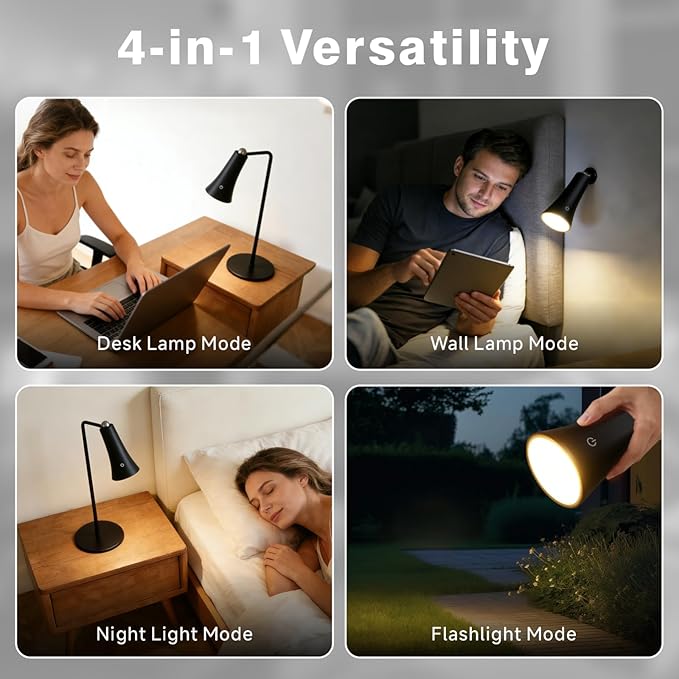 Rechargeable LED Desk Lamp, 4-in-1 Cordless Table Lamp, Magnetic Wall Mount LED Light, with Stepless Brightness, 3 Color Dimmable, 360° Rotation, For Reading, Office, Bedroom,Working, Hallway (Black)