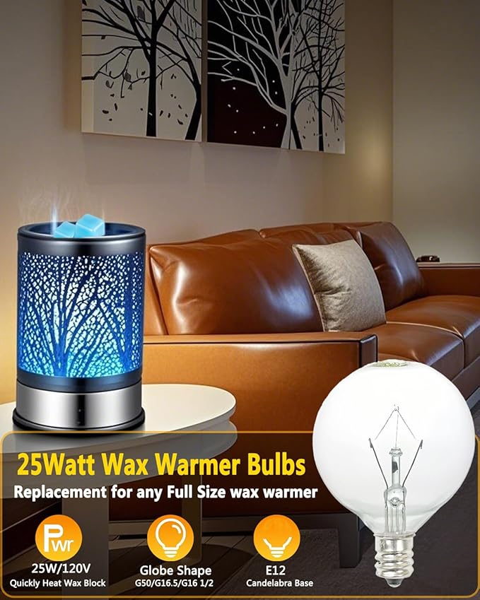 25 Watt Wax Warmer Bulbs,Light Bulbs for Full Size Scentsy Warmer & Candle Wax Warmer,Long Life-Span and Melt Wax Fast Warming Bulbs,120 V/E12 Type G Bulb,Dimmable, Warm White,6 Packs