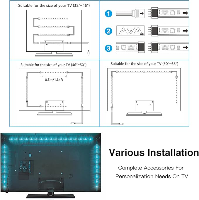 L8star Battery Powered Led Strip Lights 6.56ft, 4 Pre-Cut 1.64ft USB/Battery Operated RGB 60 LED Lights Color Changing 5050 LED Accent Kit with RF Remote, Connectors for TV, Home, DIY Decoration