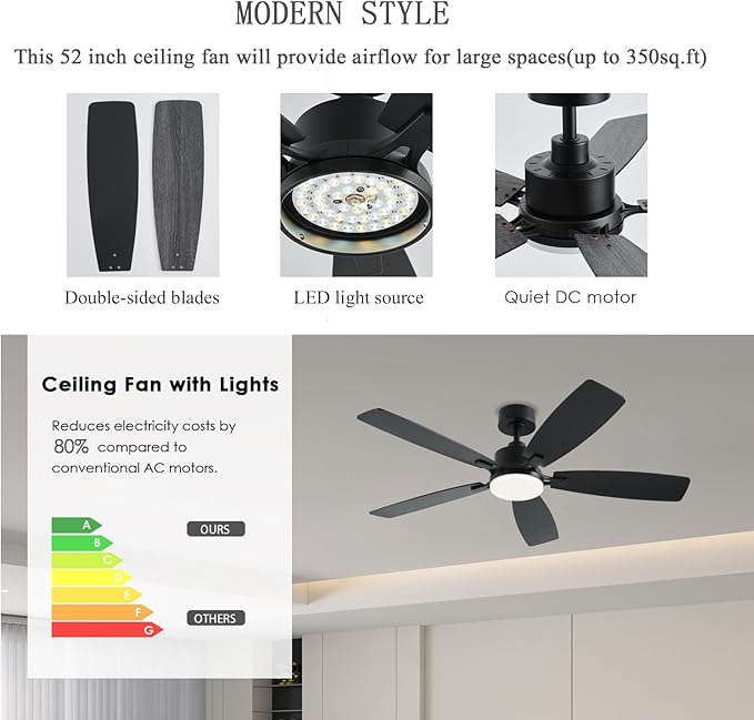 52 Inch Ceiling Fans with Lights, Black Ceiling Fan and Remote/App Control, 2 Downrods, DC Reversible, Noiseless, Dimmable, 5 Dual-Sided Blades Modern Ceiling Fan for Indoor/Outdoor Use