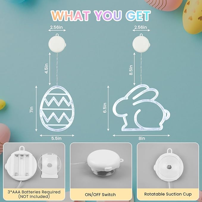 BHCLIGHT 3 Pack Easter Window Lights, Multicolor Bunny and Egg Lights, Battery Operated Easter Window Decorations Light up with Suction Cup and Timer Function for Indoor Window Glass Wall Party Decor