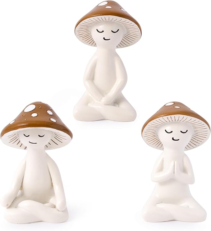 Meditation Mushroom Resin Statue - 3PCS Meditation Mushroom Statue for Desk Living Room Resin Figurine for Home Patio Office Decoration Cute Plant Statues for Tabletop Garden Backyard Decor