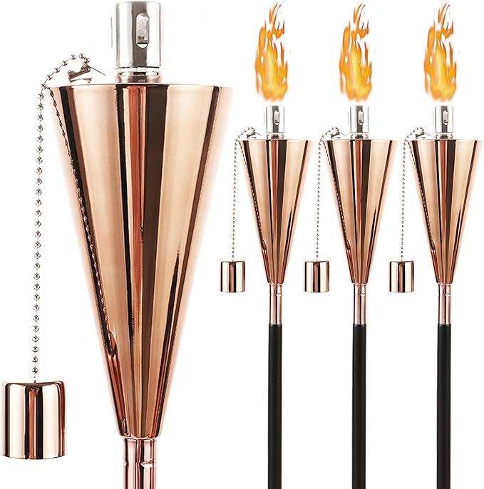 FAB BASED 55 Inch Outdoor Oil Torch Lamp–Set of 4 Pieces Rustproof Stainless Steel Citronella Torches, 12.17 oz, Includes Funnel & Fiberglass Wicks for Patio Garden Backyard (Rose Gold)