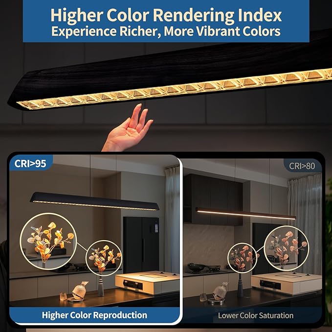 Wood Linear Pendant Light, Dimmable Kitchen Island Lighting with Remote, 35W LED Island Lights for Kitchen, Adjustable Linear Chandelier for Dinning Room Light Fixture (Black, 57inch)