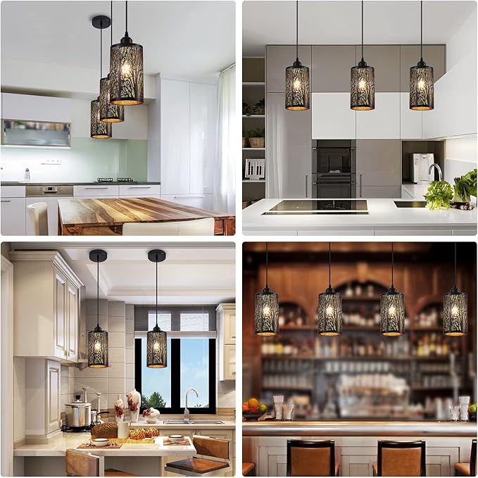 Industrial Black Pendant Light Fixture Vintage Farmhouse Mini Black Gold Pendant Lighting Rustic Hollow-Carved Cylinder Pendant Light for Kitchen Island, Dining Room, Bedroom