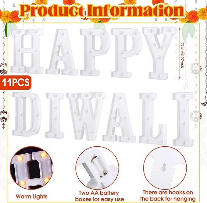 11 Pcs Happy Diwali Large LED Letter Sign LED Lights Battery Powered Table Decoration for Diwali Party Decorations