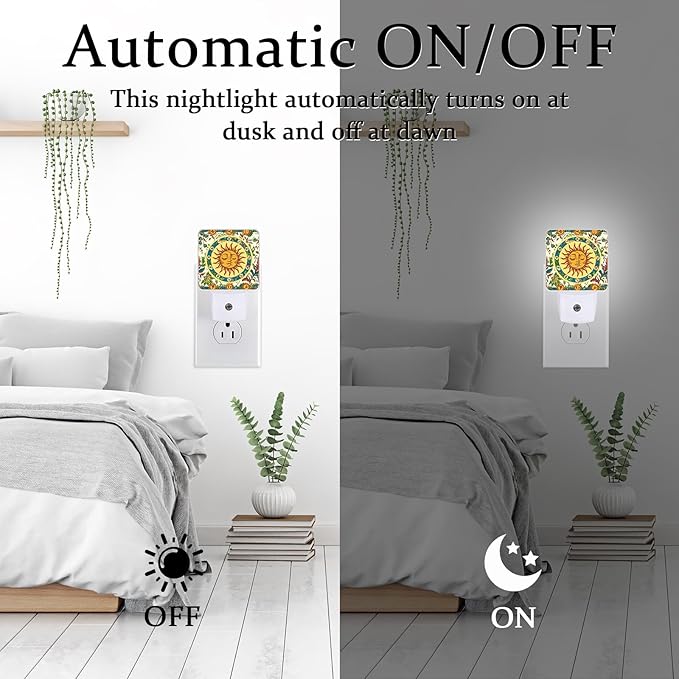 Boho Sun Moon Night Light, Plug-into Wall Nightlight Lamp with Dusk to Dawn Sensor, Led Lamp 0.5W Energy Efficient for Boys Girls Adults Home Decor