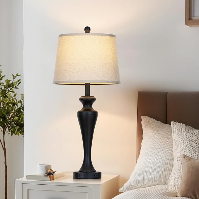 30" Black Table Lamps Set of 2, Touch Control Tall Living Room Lamp with USB A+C Ports and AC Outlet, 3-Way Dimmable Bedside Lamps for Nightstand, Modern Metal Bedroom Lamp, 2 Bulbs Included