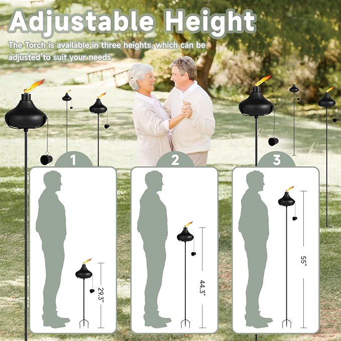 24.5 Oz Home Garden Torch Set of 6, Outdoor Metal Torch Garden Décor,55-Inch Upgraded Citronella Torches with 3-Prong Grounded Stake, Metal Light Torches for Party Patio Pathway