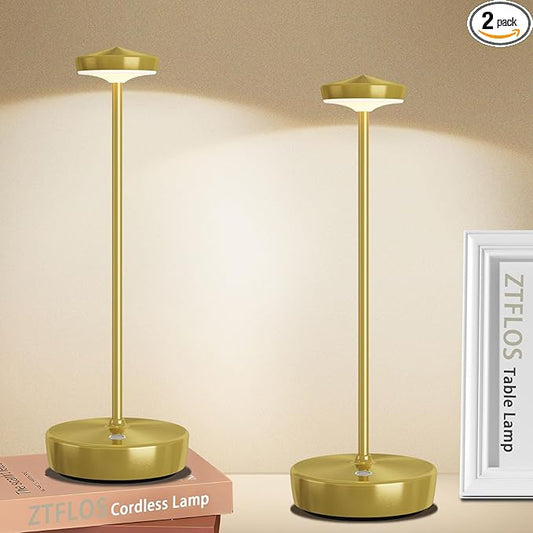 Rechargeable Cordless LED Table Lamp,5000mAh Battery - Touch Control 3-Level Brightness with Memory Function,Portable Children's Room Desk lamp for Outdoor,Bars & Restaurants (2P Gold)