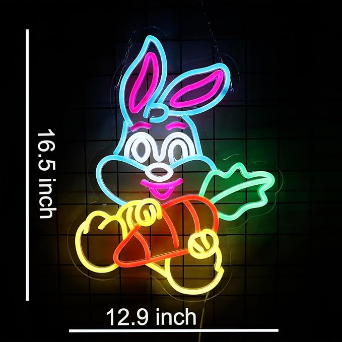 Rabbit with Carrot Easter Neon Sign Window Lights Led Bunny Neon Light Easter Decorations Rabbit Light Up Sign for Room Decor Wall Decor Holiday Gift