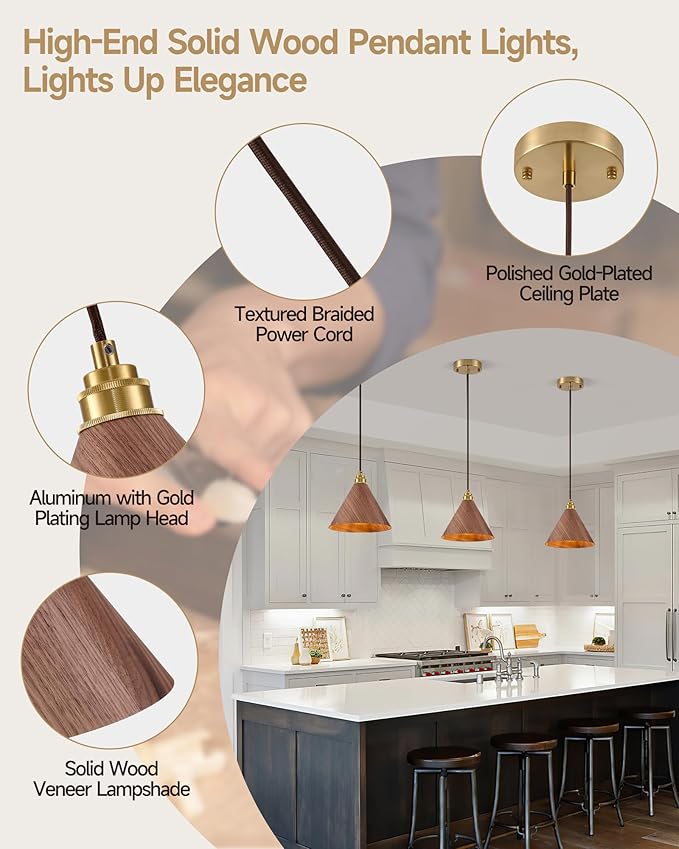 2 Pack Pendant Lights Kitchen Island, 8.3” Modern Pendant Light, Adjustable Height Wood Hanging Light, Kitchen Island Light fixtures for Dining Room, Bedroom, Hallway, Bar (Walnut)