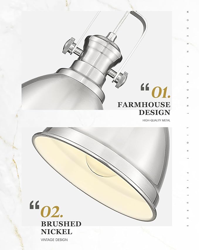 2-Pack Pendant Lights Kitchen Island, 8" Farmhouse Hanging Lights Fixtures with Metal Shade, Rustic Kitchen Pendant Lighting Over Island for Dining Room, Brushed Nickel, AD-2151-2PM-SN