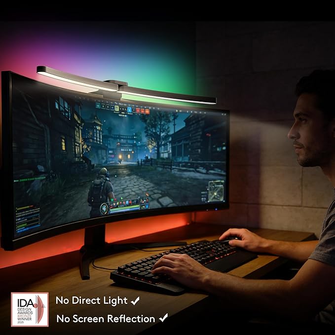Quntis Curved Monitor Light Bar 15 RGB Backlight for 34"+ Screens, Computer Bar Lights Fold Dual Light with Color Temperature Brightness Stepless Dimming, No Glare Desk Lamp for Home Office Gaming