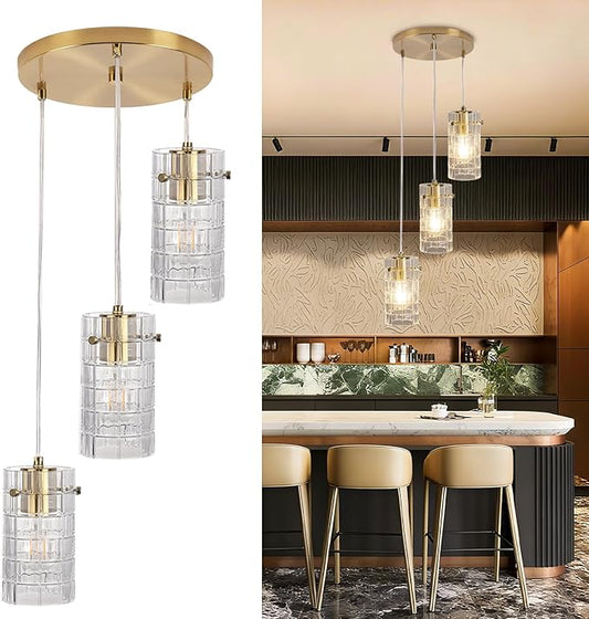 Modern Glass Pendant Light, Copper Finish 3-Light Chandelier for Kitchen Island/Dining, Height Adjustable, E26 Sockets, Bulbs Not Included