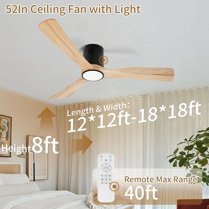 52inch Ceiling Fan with Lights,Flush Mount Wood Ceiling Fans with Remote Control,Dimmable Light,Noiseless DC Motor,Ceiling Fan for Bedroom,Living Room,Office,Indoor